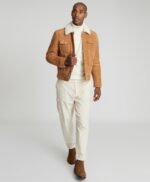 Faux Shearling Collar Real Suede Trucker Stylish Leather Jacket