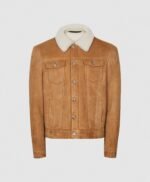 Faux Shearling Collar Real Suede Trucker Stylish Leather Jacket