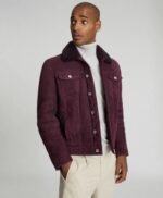 Faux Shearling Collar Real Suede Trucker Stylish Leather Jacket