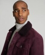 Faux Shearling Collar Real Suede Trucker Stylish Leather Jacket