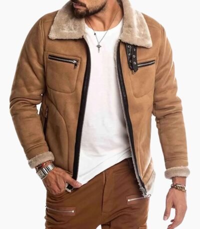 Faux Shearling Real Suede Stylish Leather Jacket For Mens