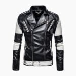Genuine Leather Black and White Color Race Biker Lapel Jacket
