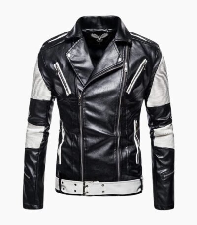 Genuine Leather Black and White Color Race Biker Lapel Jacket