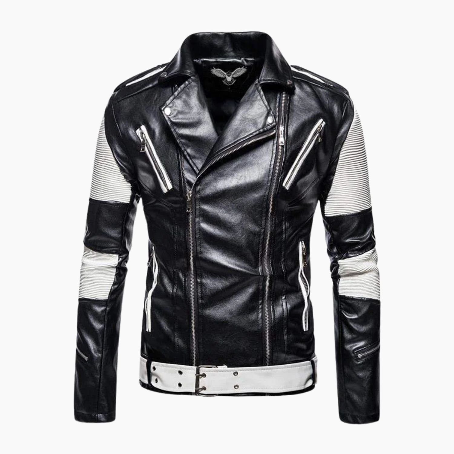 Genuine Leather Black and White Color Race Biker Lapel Jacket Genuine Leather Black and White Color Race Biker Lapel Jacket