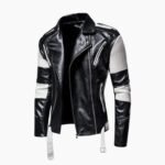 Genuine Leather Black and White Color Race Biker Lapel Jacket