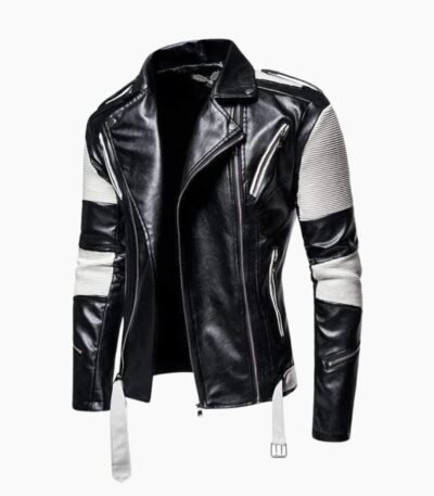 Genuine Leather Black and White Color Race Biker Lapel Jacket