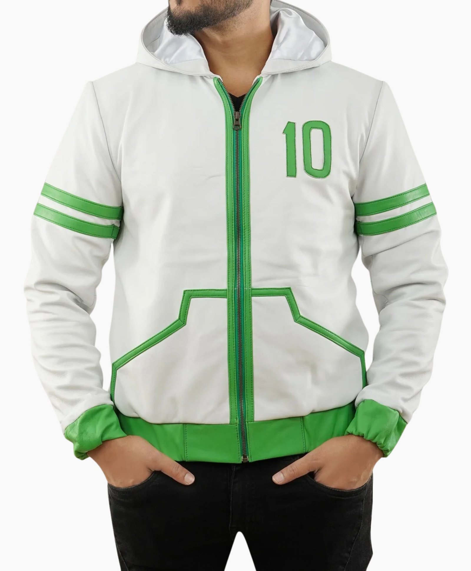 Inspired Ben 10 Omniverse Green and White Hooded Leather Jacket Inspired Ben 10 Omniverse Green and White Hooded Leather Jacket