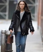 Keira Knightley Black Genuine Shearling Real Leather Jacket