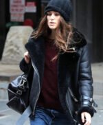 Keira Knightley Black Genuine Shearling Real Leather Jacket