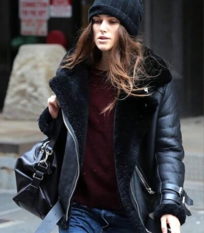 Keira Knightley Black Genuine Shearling Real Leather Jacket