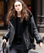 Keira Knightley Black Genuine Shearling Real Leather Jacket