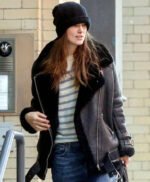 Keira Knightley Black Genuine Shearling Real Leather Jacket