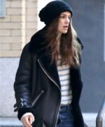 Keira Knightley Black Genuine Shearling Real Leather Jacket