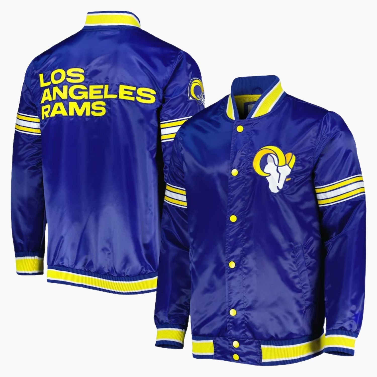 LA Rams Throwback Warm Up Pitch Blue Varsity Satin Jacket LA Rams Throwback Warm Up Pitch Blue Varsity Satin Jacket