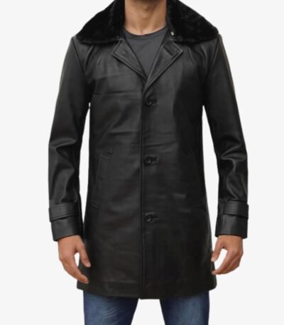 Lambskin Mens Leather Sherpa Coat Faux Shearling Collar