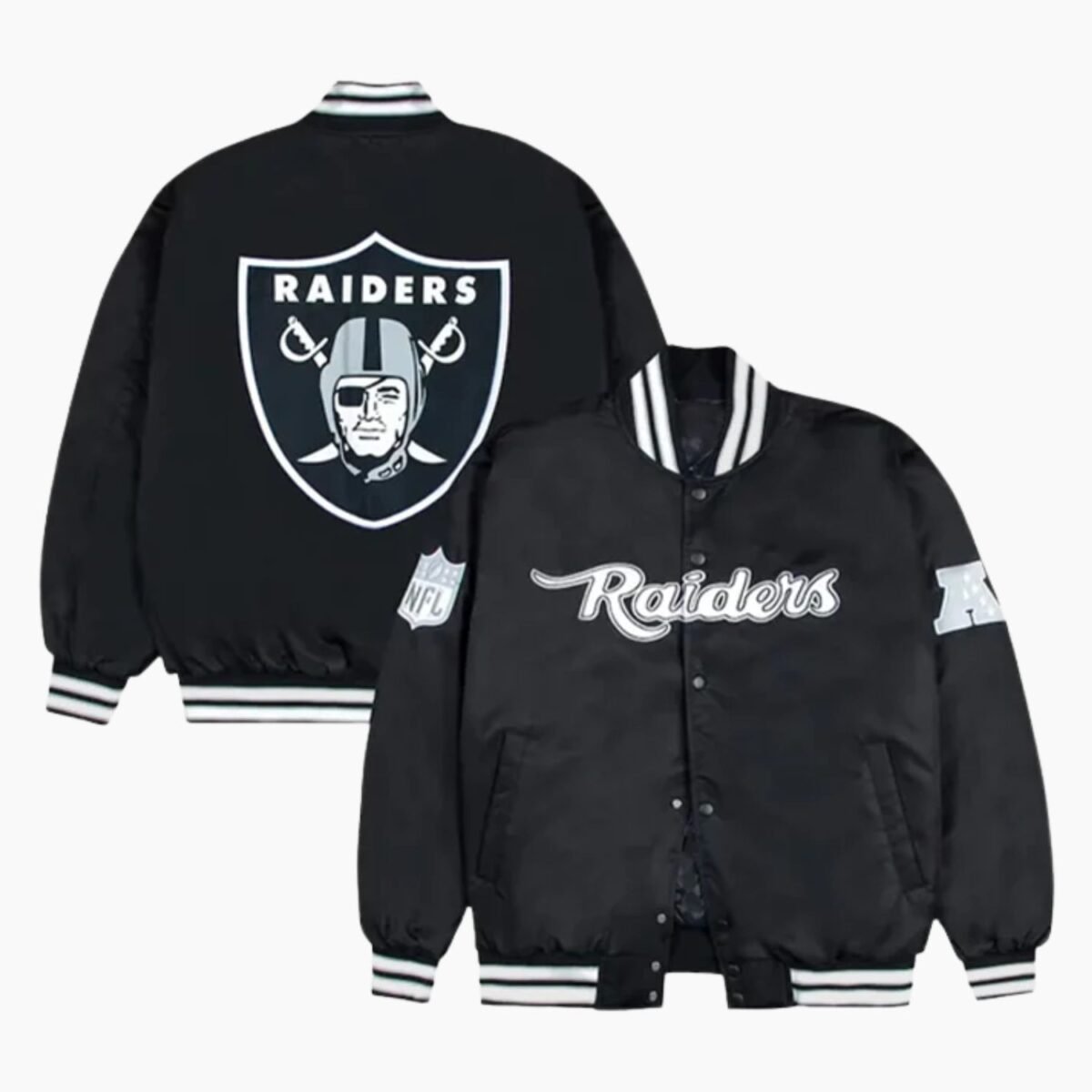 Las Vegas Raiders Gray and White Rib Bomber Black Jacket Las Vegas Raiders Gray and White Rib Bomber Black Jacket