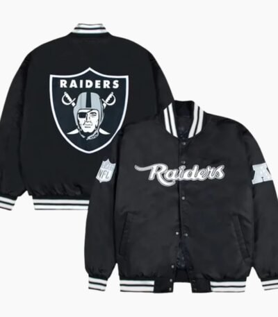 Las Vegas Raiders Gray and White Rib Bomber Black Jacket