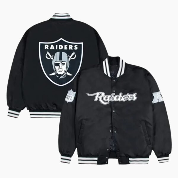 Las Vegas Raiders Gray and White Rib Bomber Black Jacket