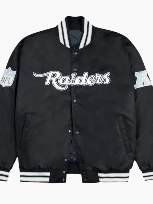 Las Vegas Raiders Gray and White Rib Bomber Black Jacket