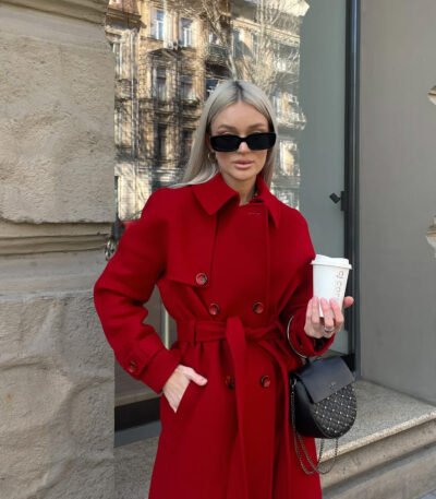 Long Red Wool Trench Coat