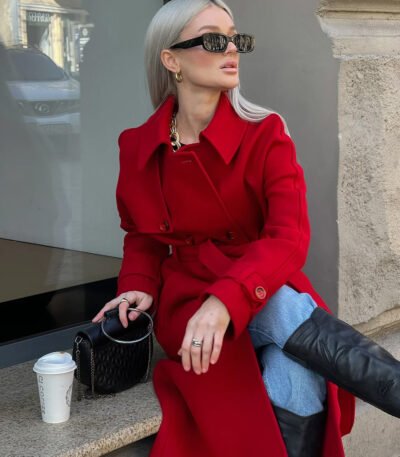 Long Red Wool Trench Coat