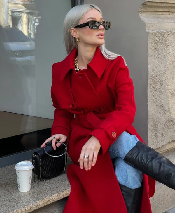 Long Red Wool Trench Coat