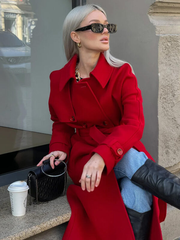 Long Red Wool Trench Coat
