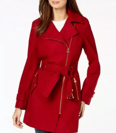 Luxury Red Belted Wool Coat for Women
