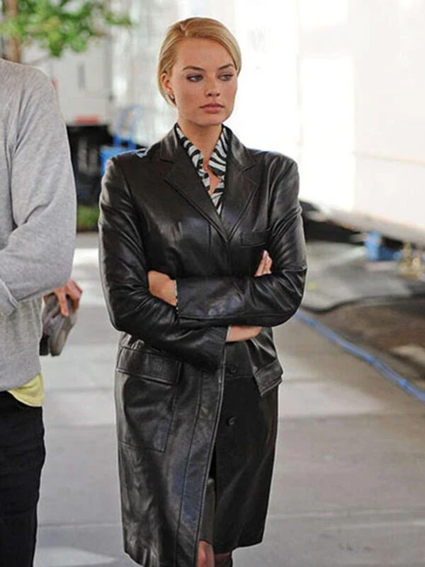 Margot Robbie Black Long Leather Coat