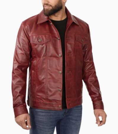 Maroon Trucker Leather Jacket