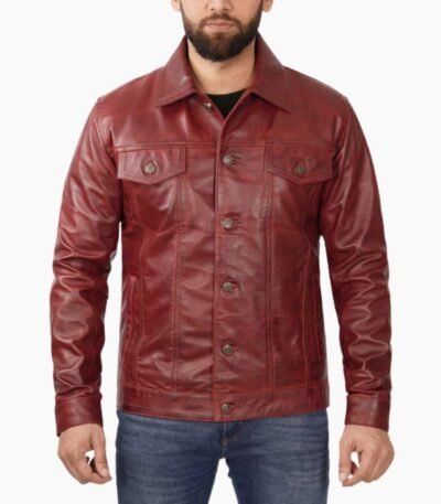 Maroon Trucker Leather Jacket