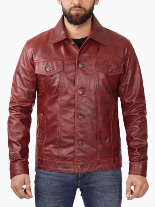 Maroon Trucker Leather Jacket
