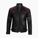 Men Black Genuine Leather Jacket With Stylish Red Padding