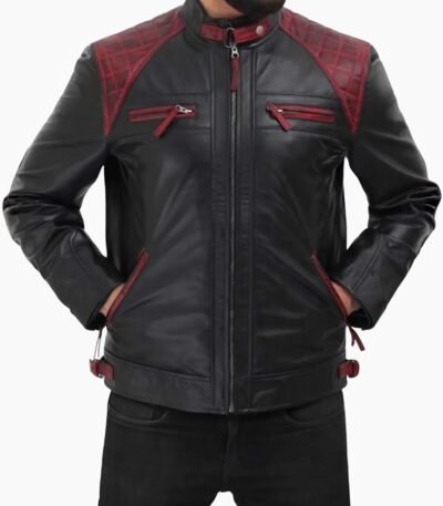 Men Black Genuine Leather Jacket With Stylish Red Padding