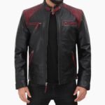 Men Black Genuine Leather Jacket With Stylish Red Padding