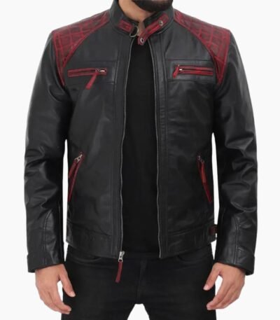 Men Black Genuine Leather Jacket With Stylish Red Padding