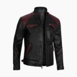 Men Black Genuine Leather Jacket With Stylish Red Padding