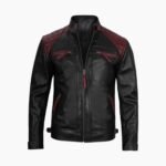 Men Black Genuine Leather Jacket With Stylish Red Padding