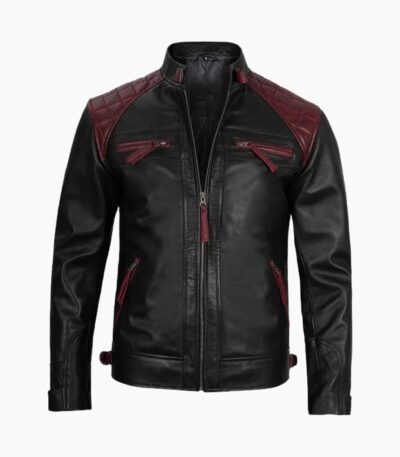 Men Black Genuine Leather Jacket With Stylish Red Padding