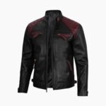 Men Black Genuine Leather Jacket With Stylish Red Padding