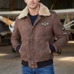 Men Brown Leather Bomber Aviator Shearling Jacket