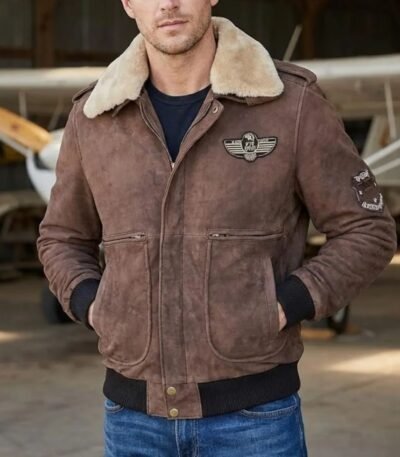 Men Brown Leather Bomber Aviator Shearling Jacket
