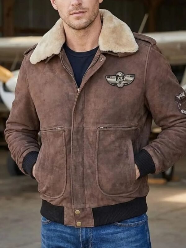 Men Brown Leather Bomber Aviator Shearling Jacket