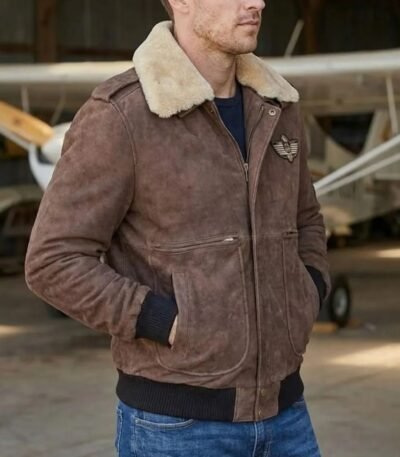 Men Brown Leather Bomber Aviator Shearling Jacket
