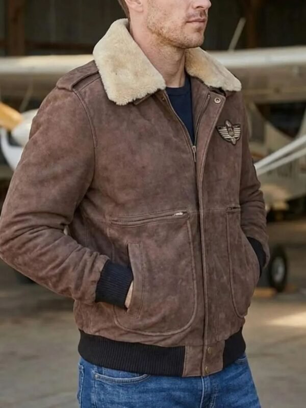 Men Brown Leather Bomber Aviator Shearling Jacket