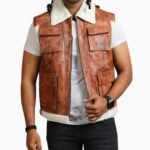 Men Brown Vintage Flap Pocket Faux Fur Leather Vest