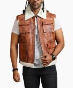 Men Brown Vintage Flap Pocket Faux Fur Leather Vest