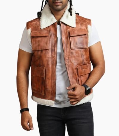 Men Brown Vintage Flap Pocket Faux Fur Leather Vest