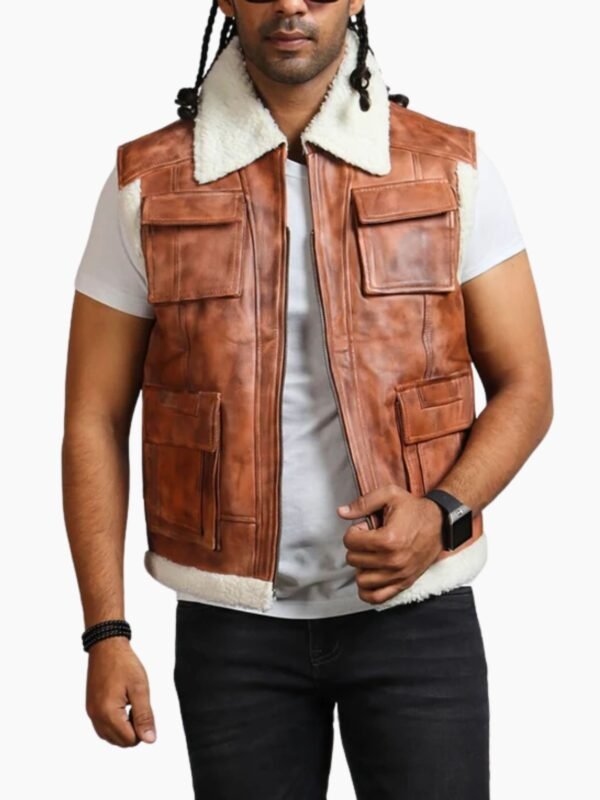Men Brown Vintage Flap Pocket Faux Fur Leather Vest