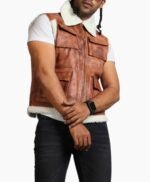 Men Brown Vintage Flap Pocket Faux Fur Leather Vest